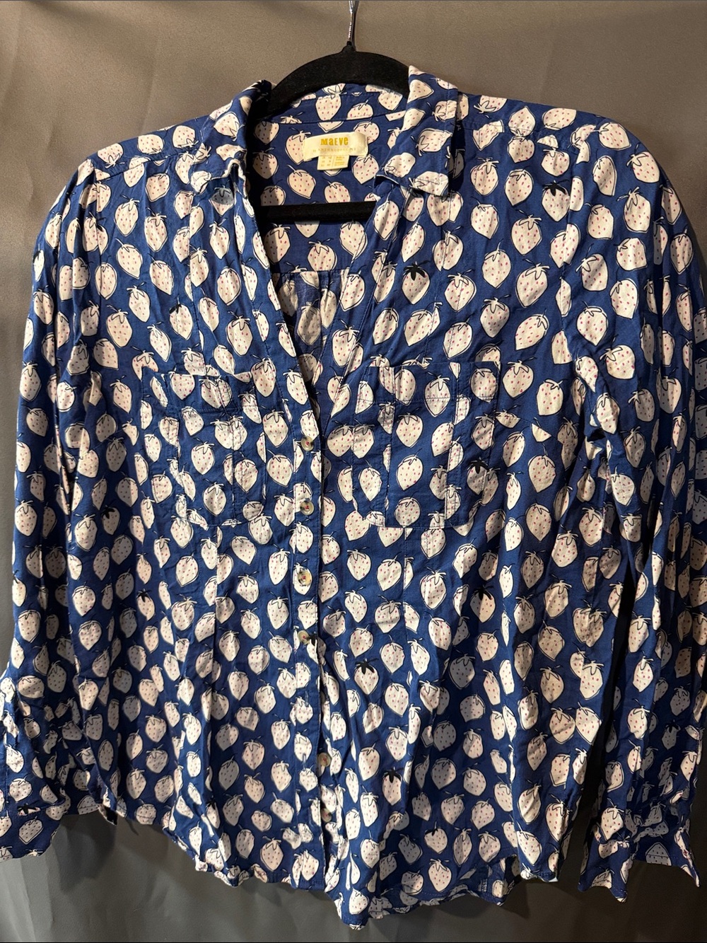 Maeve by Anthropologie Navy Blue Strawberry-Print Button Down Shirt